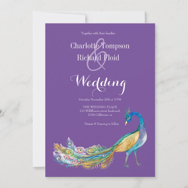 Elegant Watercolor Peacock Wedding Invitation (Front)