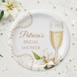 Elegant Watercolor Pearls & Prosecco Bridal Shower Paper Plate