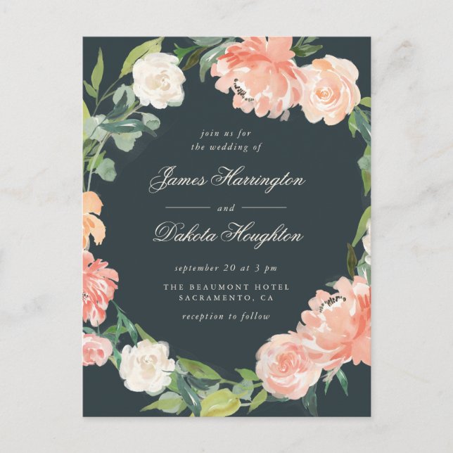 Elegant Watercolor Peonies & Eucalyptus Wedding Invitation Postcard (Front)