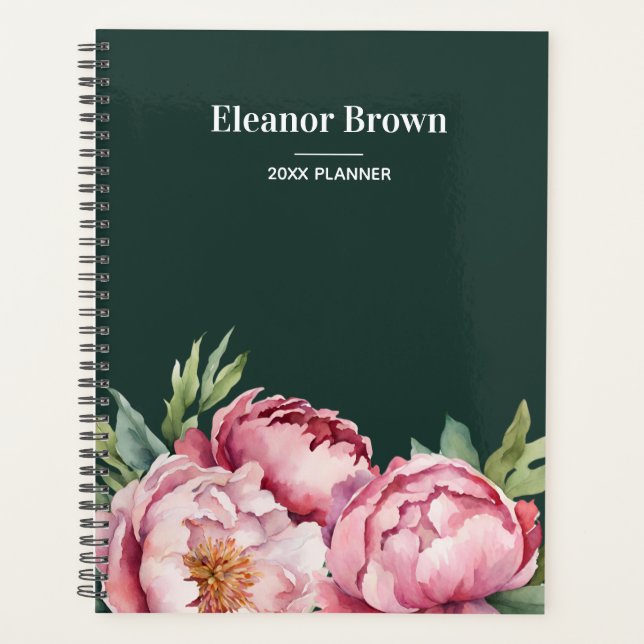 Elegant Watercolor Peonis Pink & Green Custom Planner (Front)