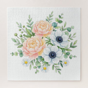 Elegant watercolor peony and white anemone floral jigsaw puzzle