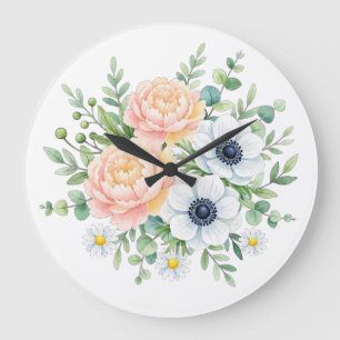 Elegant watercolor peony and white anemone floral large clock