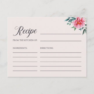 Elegant Watercolor Peony Bridal Shower Recipe Card