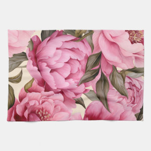 Elegant Watercolor Peony Flowers Tea Towel