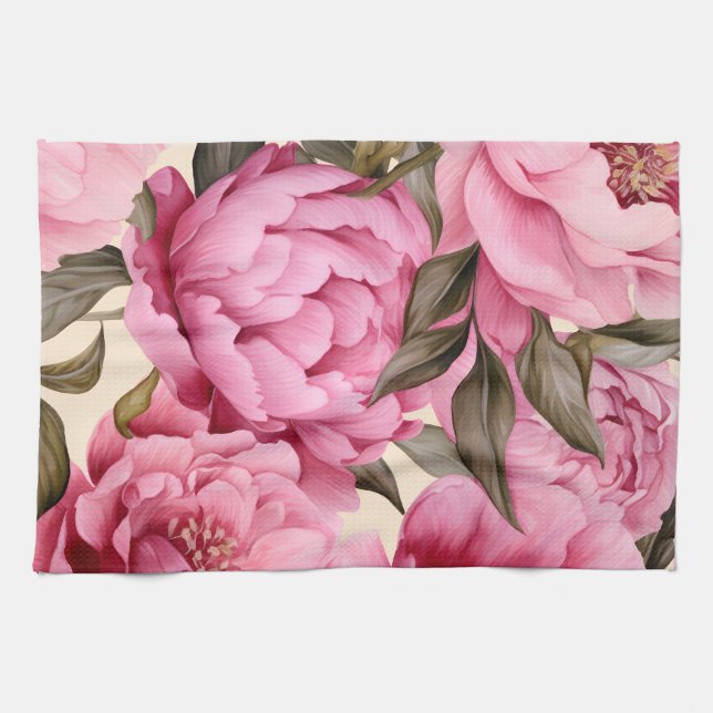 Elegant Watercolor Peony Flowers Tea Towel (Horizontal)