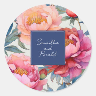 Elegant Watercolor Peony Flowers Wedding Classic Round Sticker