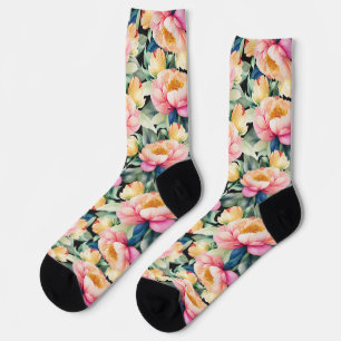 Elegant Watercolor Peony on Black Socks
