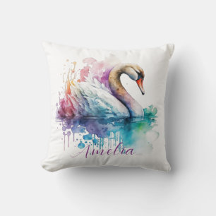 Elegant Watercolor Personalised Swan Birthday Gift Cushion