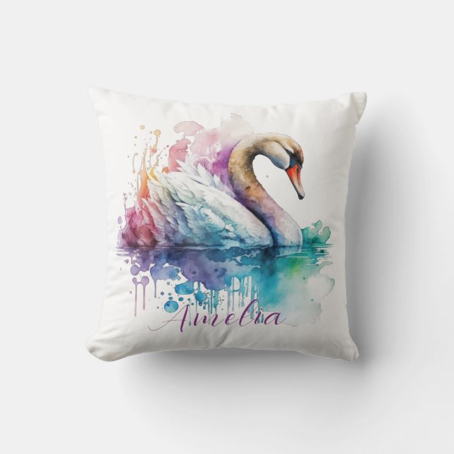 Elegant Watercolor Personalised Swan Birthday Gift Cushion (Front)