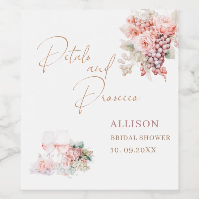 Elegant Watercolor Petals and Prosecco Bridal Show Wine Label (Single Label)