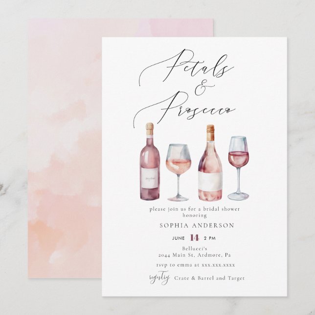Elegant Watercolor Petals & Prosecco Bridal Shower Invitation (Front/Back)
