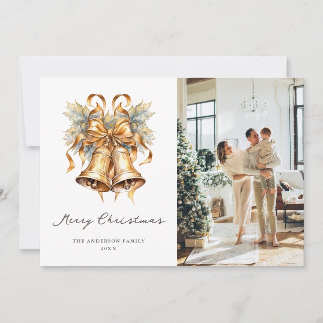 Elegant Watercolor Photo Merry Christmas Card (Front)