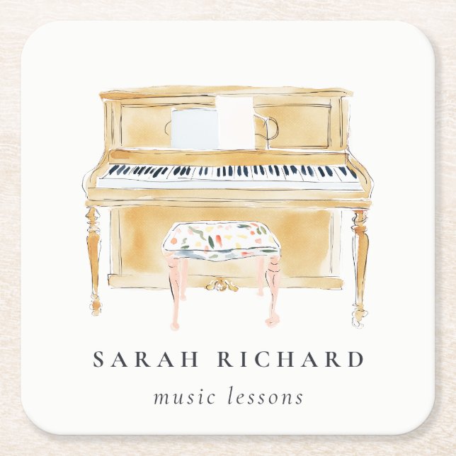 Elegant Watercolor Piano Musician Music Teacher Square Paper Coaster (Front)