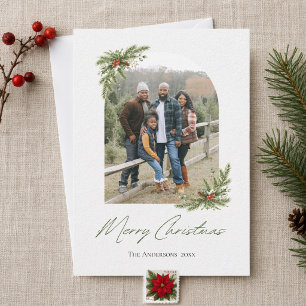 Elegant Watercolor Pine Arch Christmas Photo Holiday Card