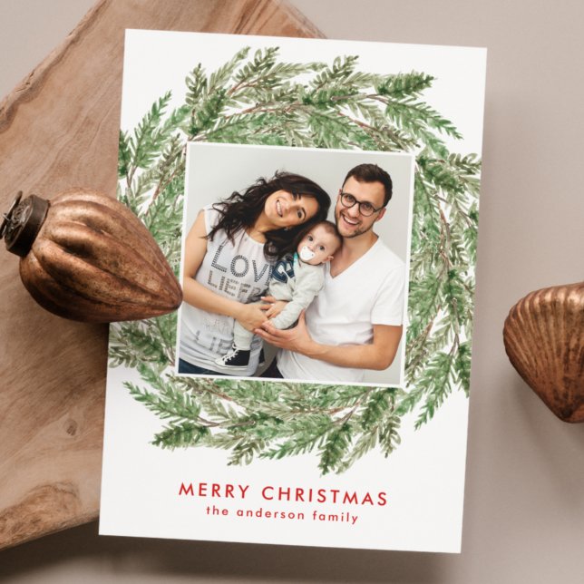 Elegant Watercolor Pine Branch Wreath Photo Holiday Card (Creator Uploaded)