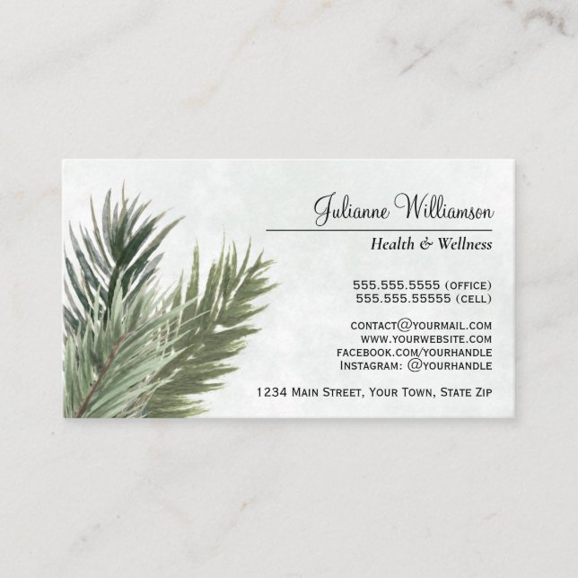 Elegant Watercolor Pine Branches Feminine Business Card (Front)