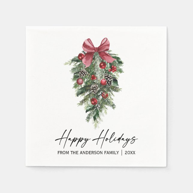 Elegant Watercolor Pine Calligraphy Ink Holiday Napkin (Front)