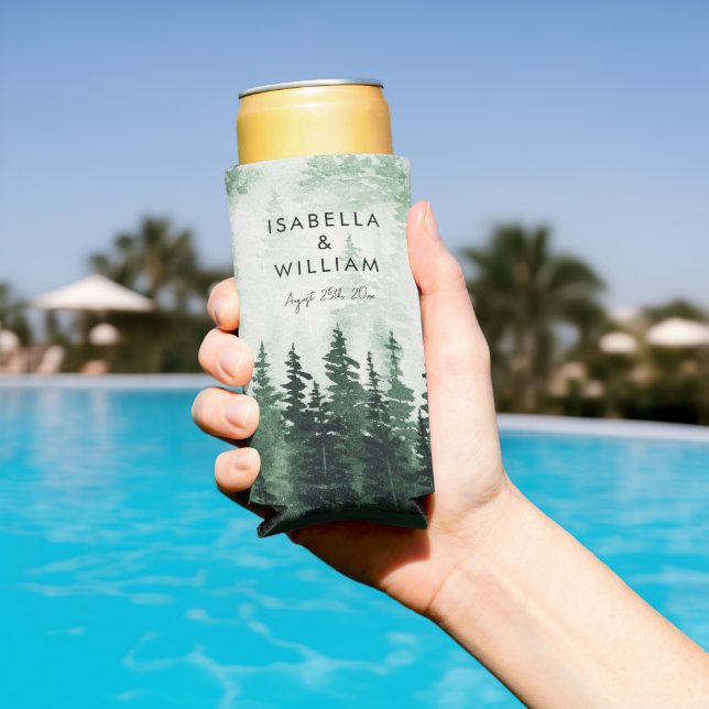 Elegant Watercolor Pine Forest Personalised  Seltzer Can Cooler (In Situ Pool)