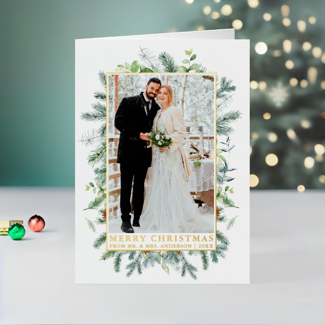 Elegant Watercolor Pine Frame Newlywed Gold Foil Holiday Card (Holiday In Situ 2)