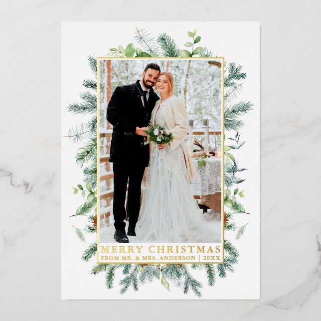 Elegant Watercolor Pine Frame Newlyweds Gold  Foil Holiday Card (Front)