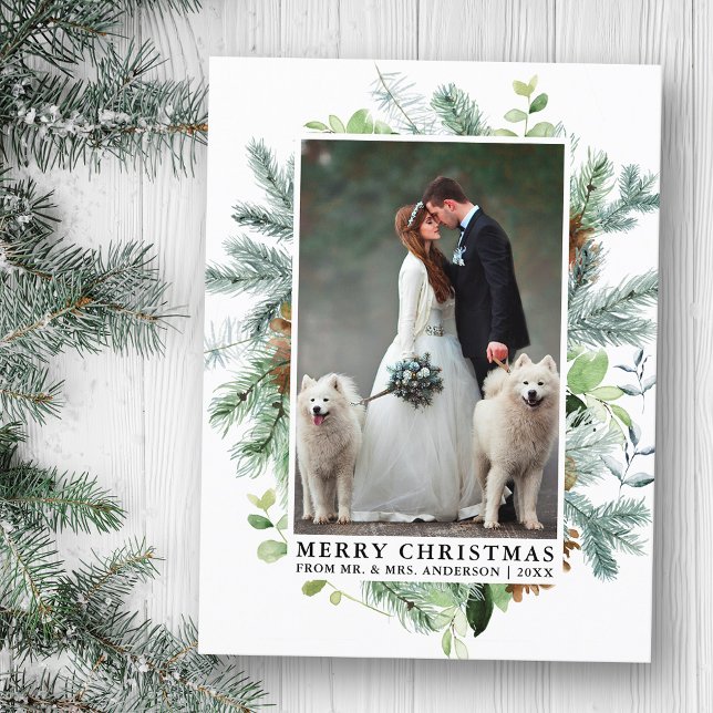 Elegant Watercolor Pine Frame Wedding Christmas Postcard (Customize to change text size, color or text style.)