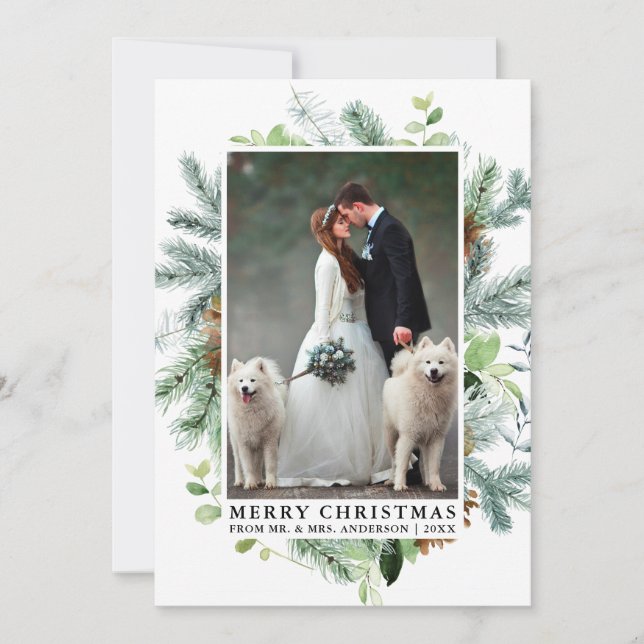 Elegant Watercolor Pine Frame Wedding Photo Holiday Card (Front)