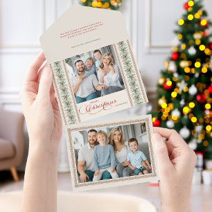 Elegant Watercolor Pine & Holly Border Photo All In One Invitation