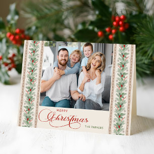 Elegant Watercolor Pine & Holly Border Photo Holiday Card