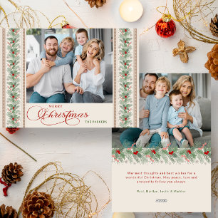 Elegant Watercolor Pine & Holly Border Photo Holiday Card