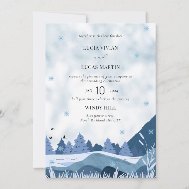 Elegant watercolor Pine Mountain Winter Wedding Invitation (Front)