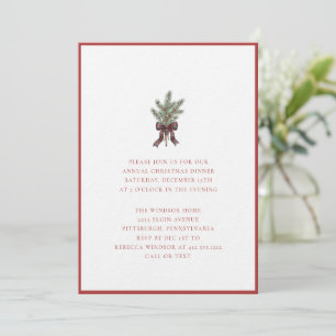 Elegant Watercolor Pine Sprig with Plaid Bow  Invitation