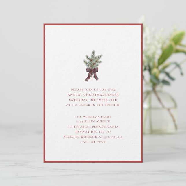 Elegant Watercolor Pine Sprig with Plaid Bow  Invitation (Standing Front)