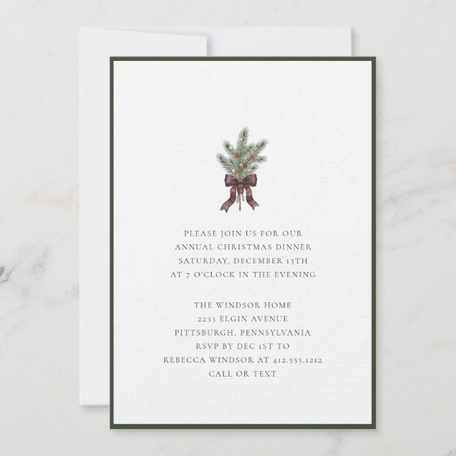 Elegant Watercolor Pine Sprig with Plaid Bow  Invitation (Front)