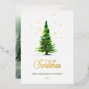 Elegant Watercolor Pine Tree Christmas Greeting  Foil Holiday Card