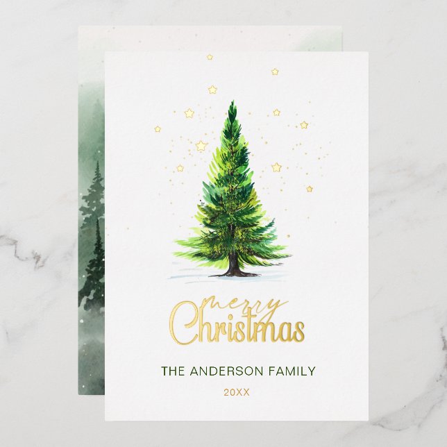 Elegant Watercolor Pine Tree Christmas Greeting  Foil Holiday Card (Front/Back)