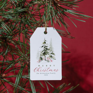 Elegant Watercolor Pine Trees Custom Christmas Gift Tags