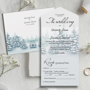 Elegant watercolor Pine trees RSVP Winter Wedding All In One Invitation