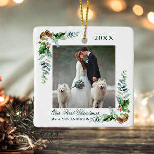 Elegant Watercolor Pine Wedding First Christmas Ceramic Ornament