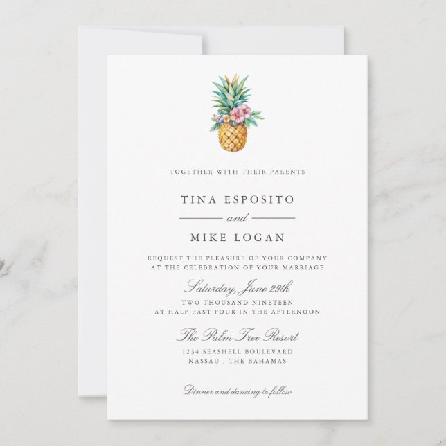 Elegant Watercolor PINEAPPLE Tropic Fruit Photo Invitation (Front)