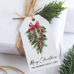 Elegant Watercolor Pines Calligraphy Ink Christmas Gift Tags<br><div class="desc">Modern Elegant Calligraphy Ink Script Watercolor Pines Winter Greenery with Burgundy Red Ribbon Bow Christmas Ornaments,  Pine Cones and Holly Berries Merry Christmas Gift Tag</div>