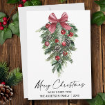 Elegant Watercolor Pines Calligraphy Ink Christmas Holiday Card<br><div class="desc">Modern Elegant Calligraphy Ink Script Watercolor Pines Winter Greenery with Burgundy Red Ribbon Bow Christmas Ornaments,  Pine Cones and Holly Berries Merry Christmas Card</div>