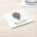 Elegant Watercolor Pines Calligraphy Ink Christmas Paper Coaster<br><div class="desc">Modern Elegant Calligraphy Ink Script Watercolor Pines Winter Greenery with Burgundy Red Ribbon Bow Christmas Ornaments,  Pine Cones and Holly Berries Merry Christmas Paper Coasters</div>