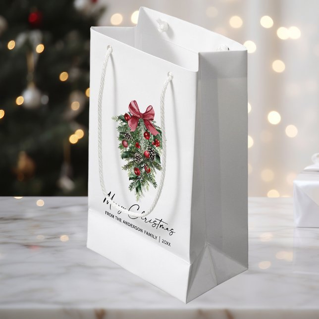 Elegant Watercolor Pines Calligraphy Ink Christmas Small Gift Bag (Customize to change your personalized text size or text style.)