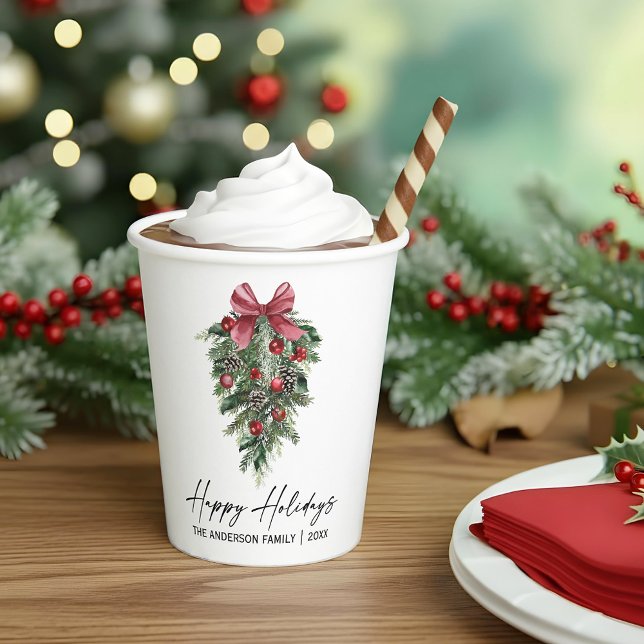 Elegant Watercolor Pines Calligraphy Ink Holiday Paper Cups (Customize to change your personalized text size or text style.)