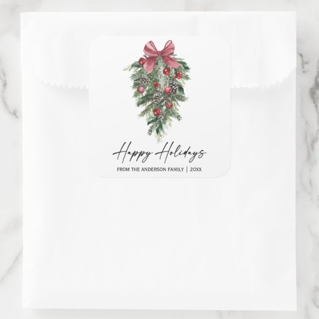 Elegant Watercolor Pines Calligraphy Ink Holiday Square Sticker (Bag)