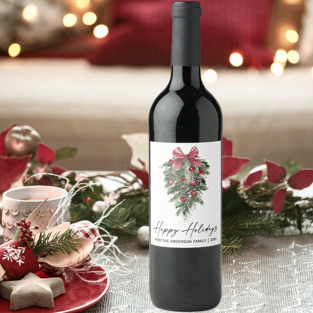 Elegant Watercolor Pines Calligraphy Ink Holiday Wine Label (Customize to change your personalized text size or text style.)