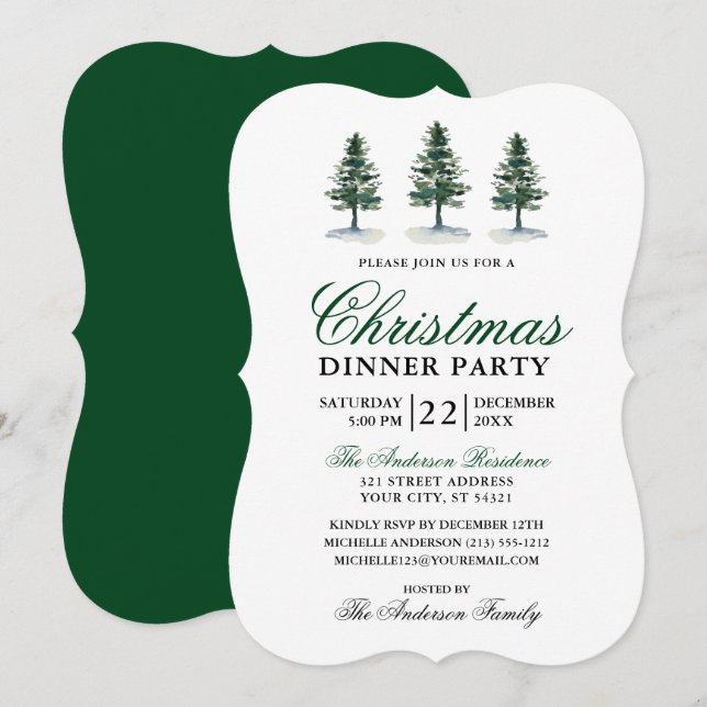 Elegant Watercolor Pines Christmas Party Invitation (Front/Back)