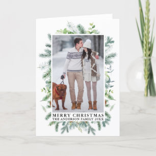 Elegant Watercolor Pines Frame Photo Fold Holiday Card