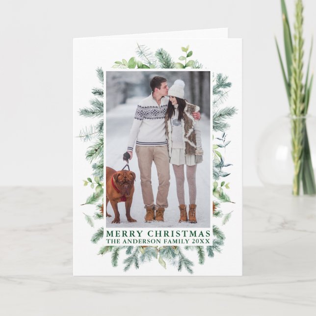 Elegant Watercolor Pines Frame Photo Green Holiday Card (Front)
