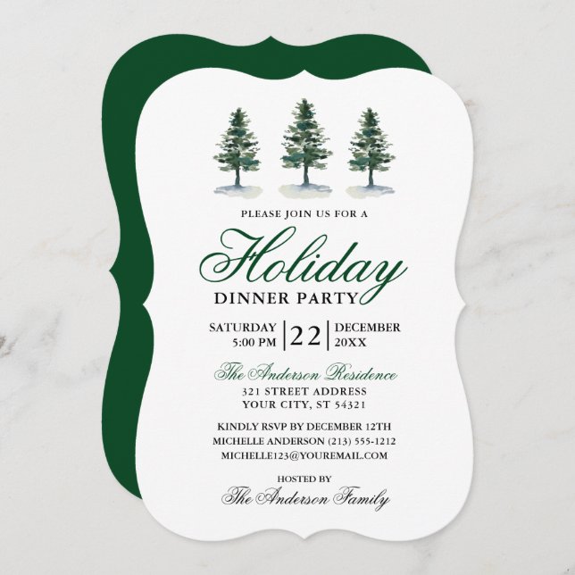 Elegant Watercolor Pines Holiday Party Invitation (Front/Back)